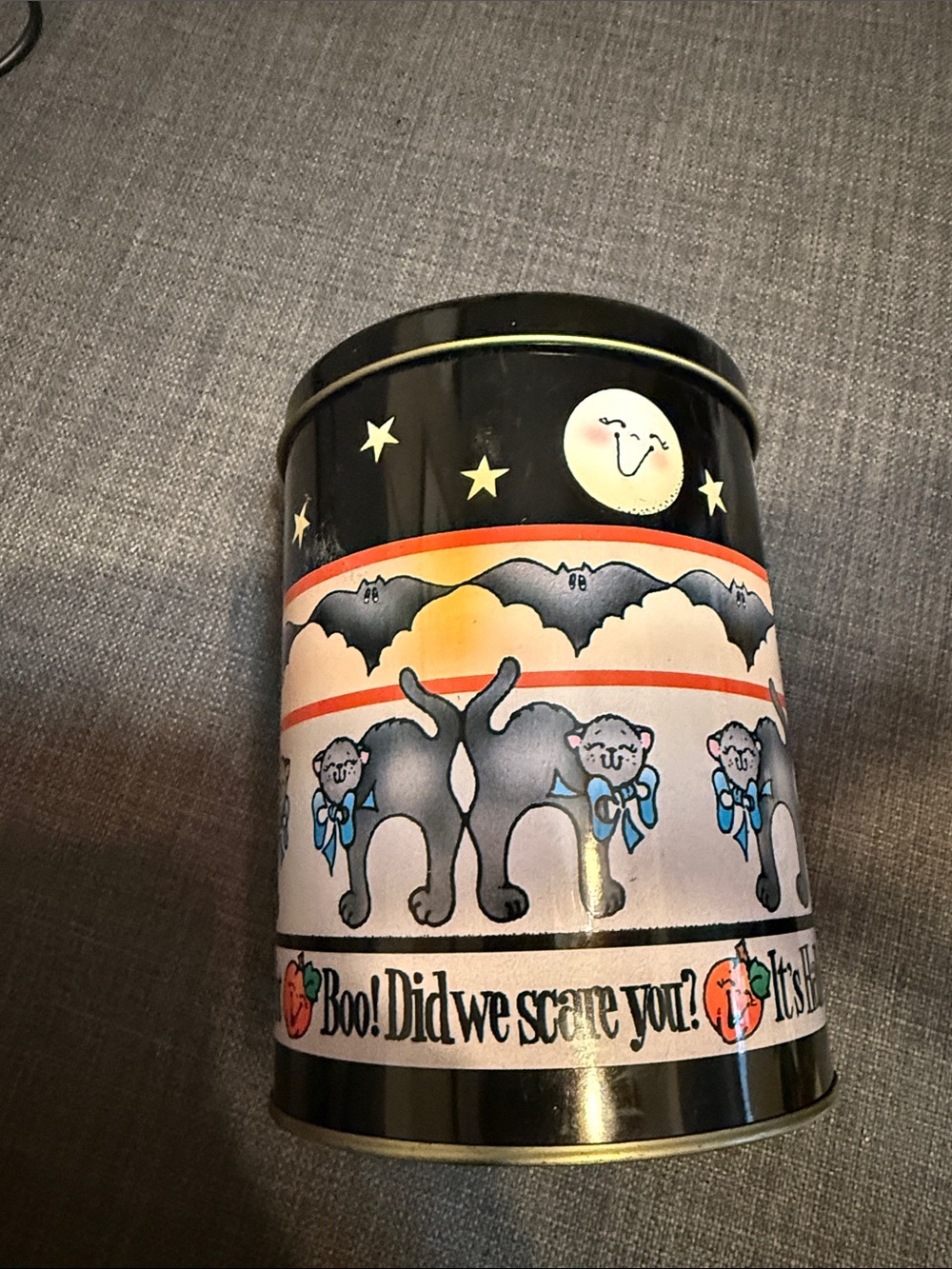 Vintage 1990 Black Halloween Treat Tin with Boo! Cat & Bat Design